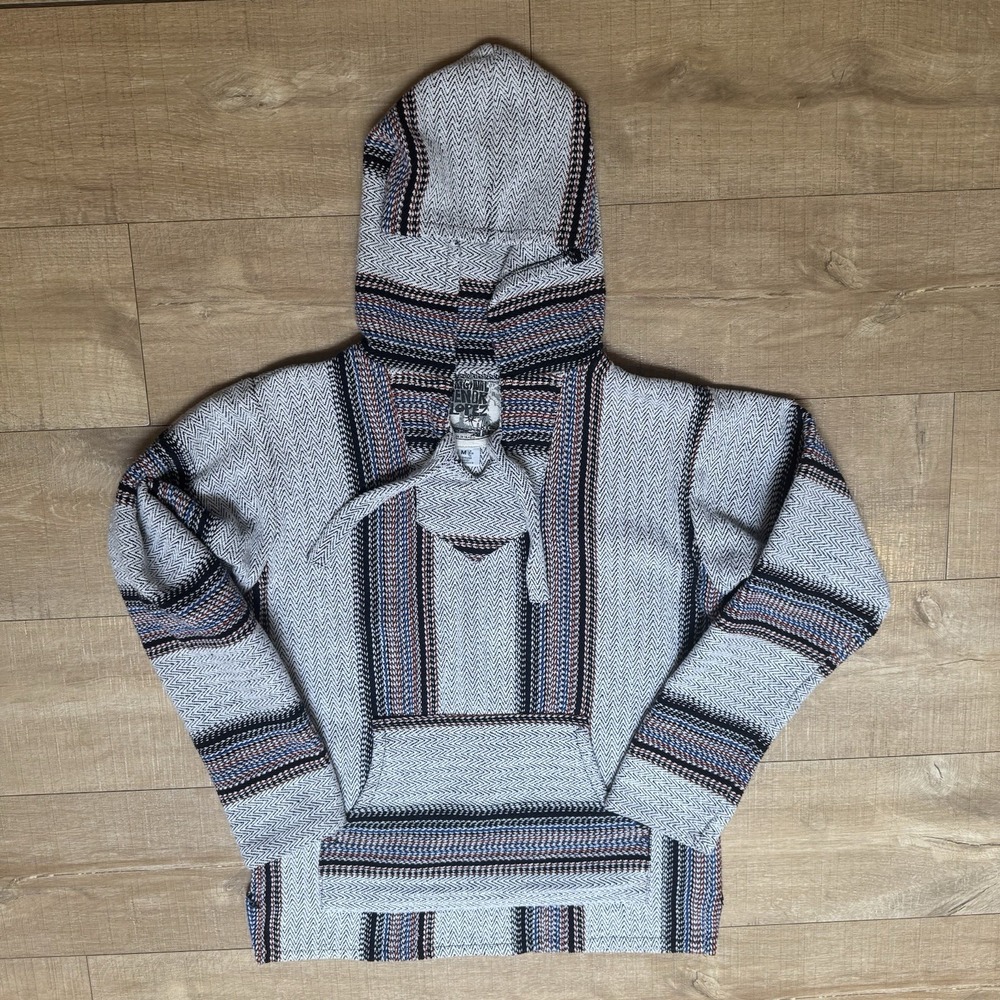 Senor Lopez Hoodie Adult Medium Gray Blue Baja Woven Mexican Poncho Surf Boho